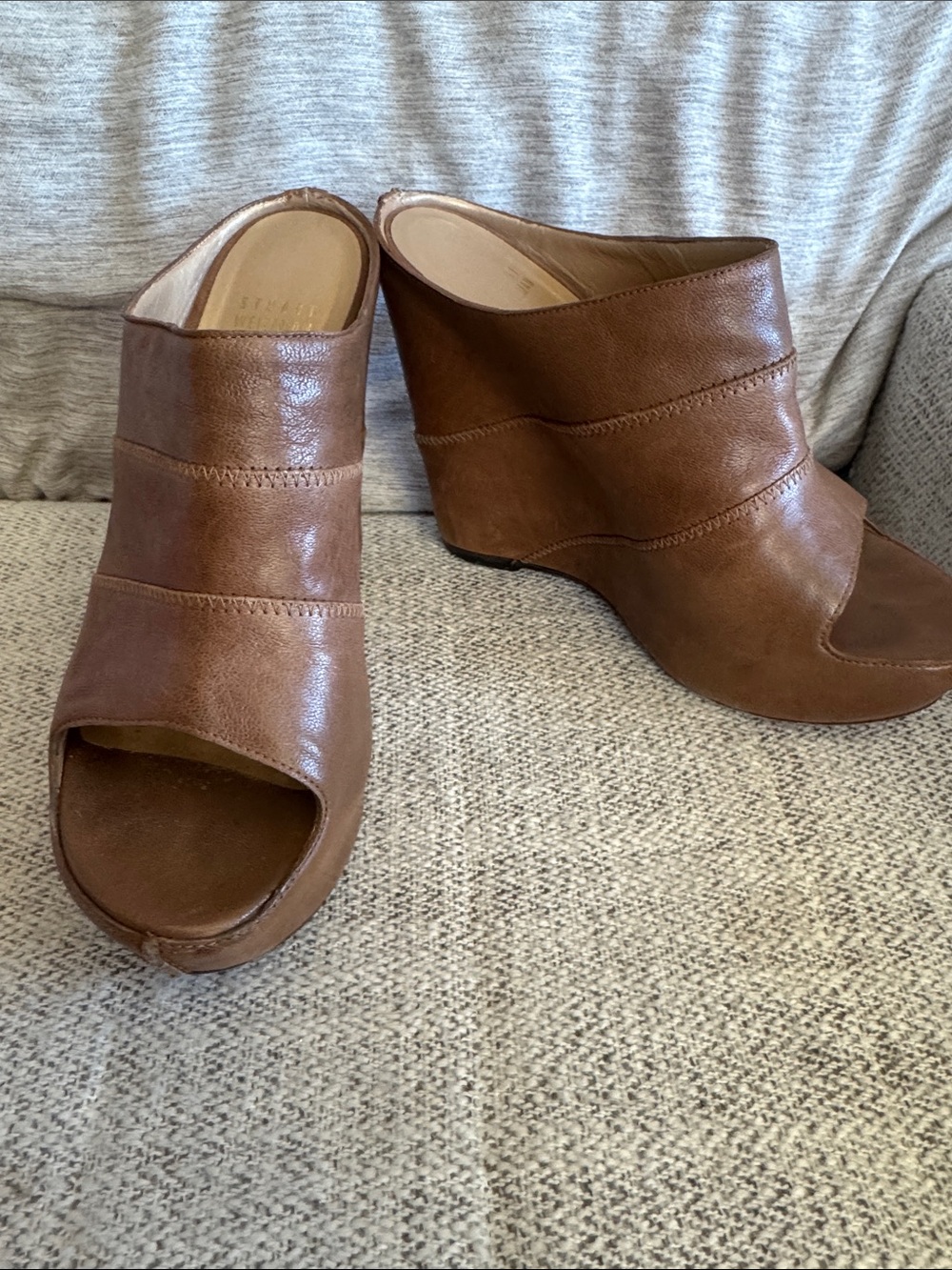 Y2K vintage Stuart Weitzman Brown Leather Open-Toe Wedge Mules